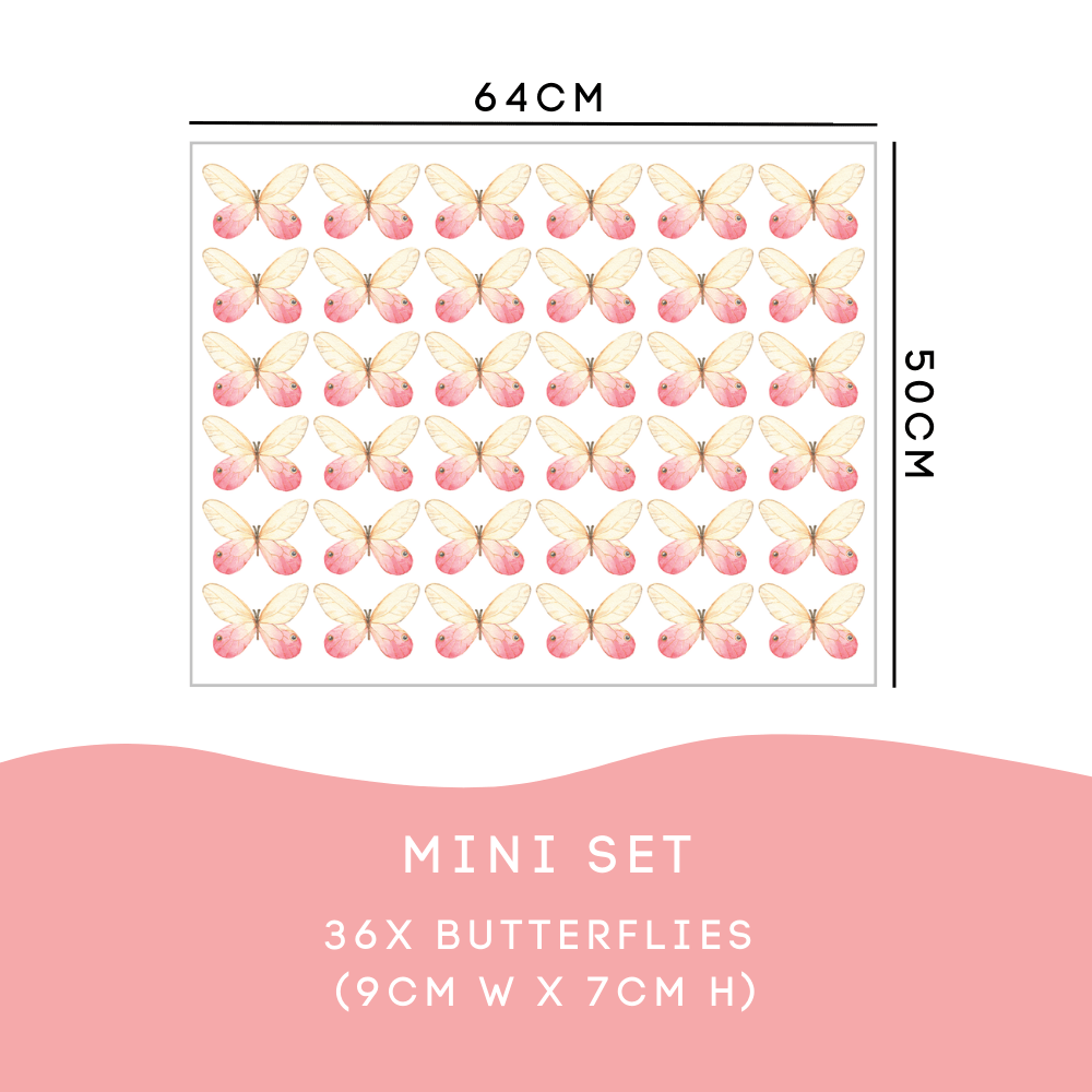 Pink Butterfly Mini Set: 36 butterfly decals, each 9cm wide by 7cm tall
