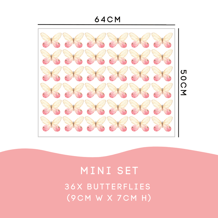 Pink Butterfly Mini Set: 36 butterfly decals, each 9cm wide by 7cm tall