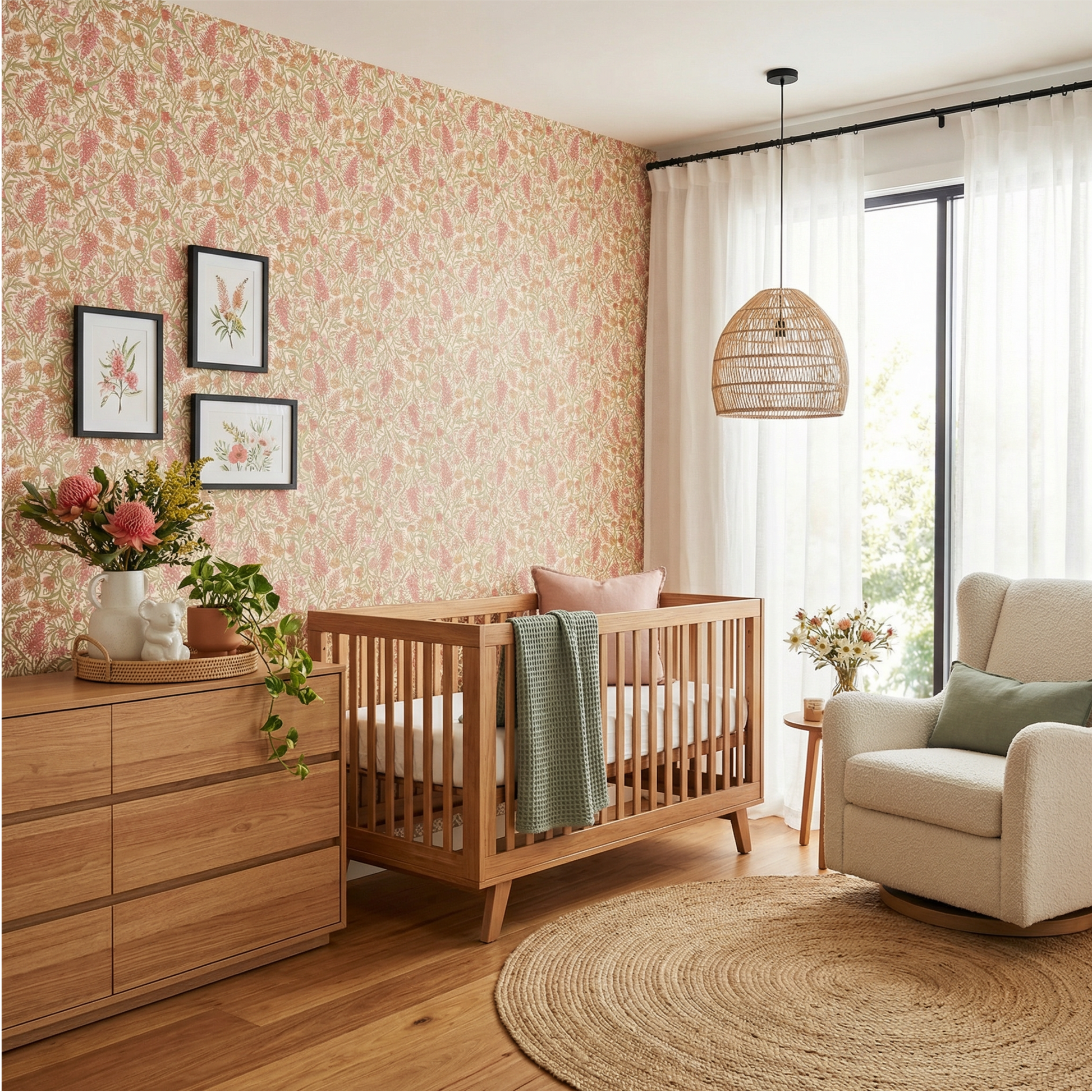 Nursery room with wooden crib, dresser, and armchair.