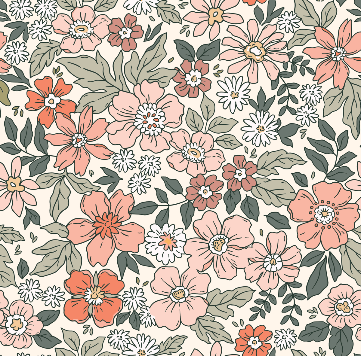 Close-up of Harmony wallpaper showing coral and cream blooms with deep green leaves