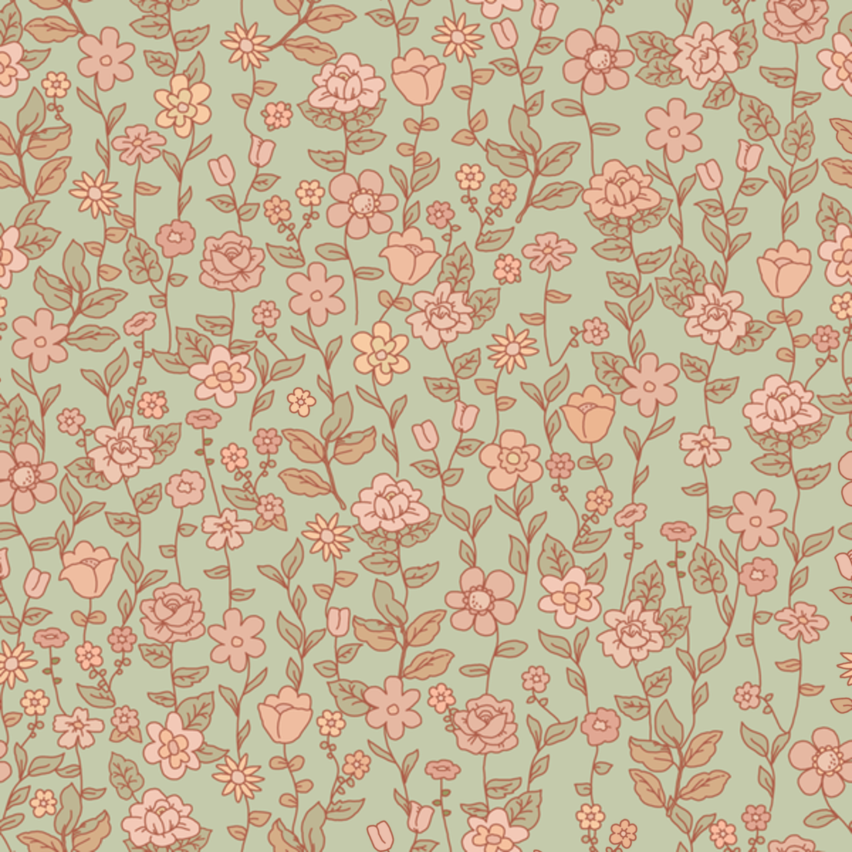 Close-up of Hazel wallpaper showing coral flowers and rust stems on a sage ground