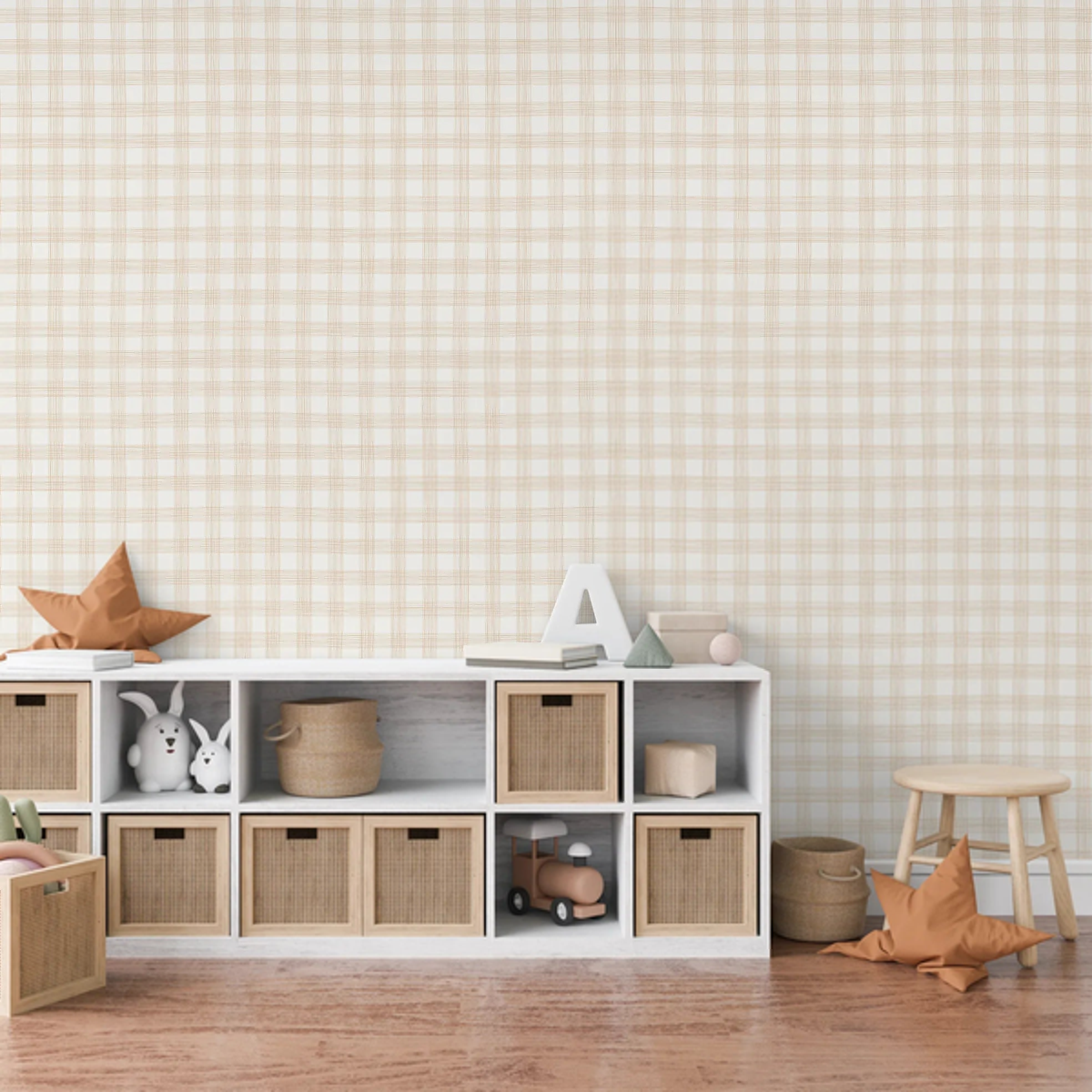 Campbell Hand Drawn Check Beige wallpaper in a playroom above white storage cubes