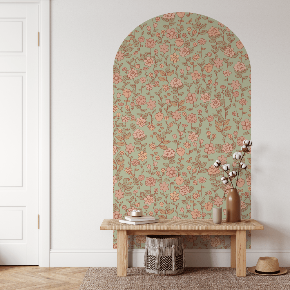 Hazel Sage Green floral arch decal with coral blooms above a timber bench