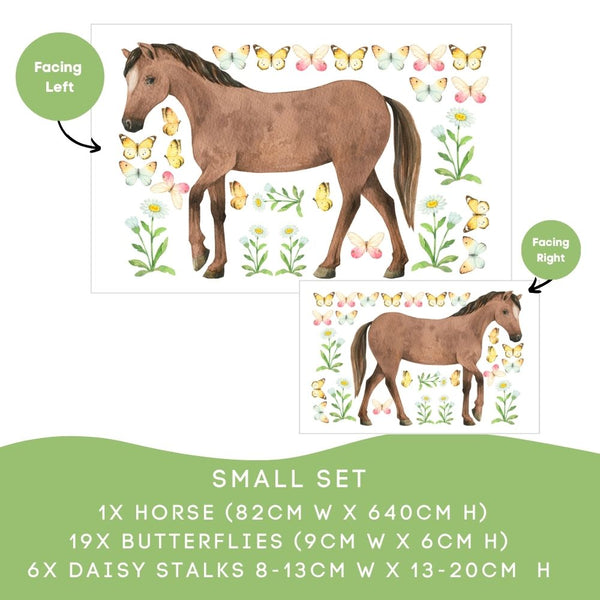 Horse wall decal set with butterflies and daisy stalks on a white background