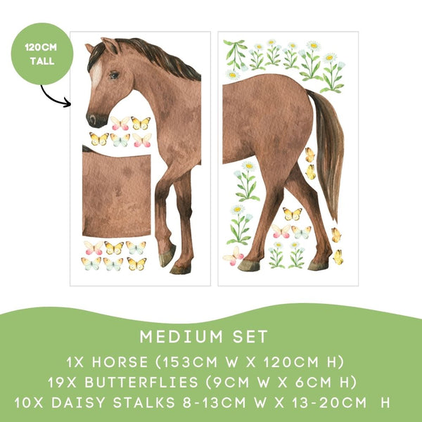 Horse wall decal with butterflies and daisy stalks on a white background