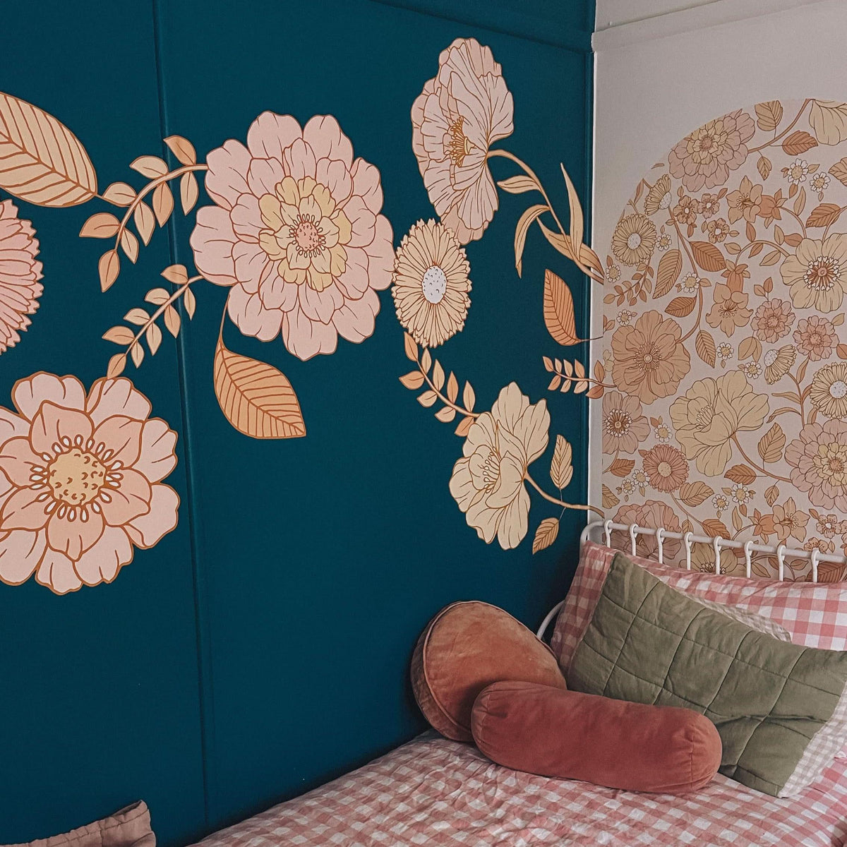 Allie boho floral decals in blush on a teal feature wall