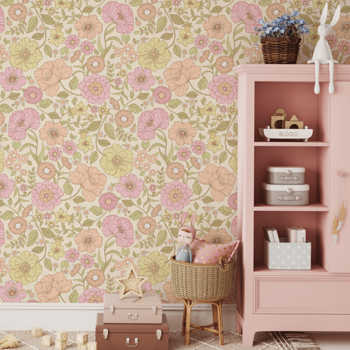 Juliet Summer Brights Floral wallpaper in a kids room with a pink bookshelf
