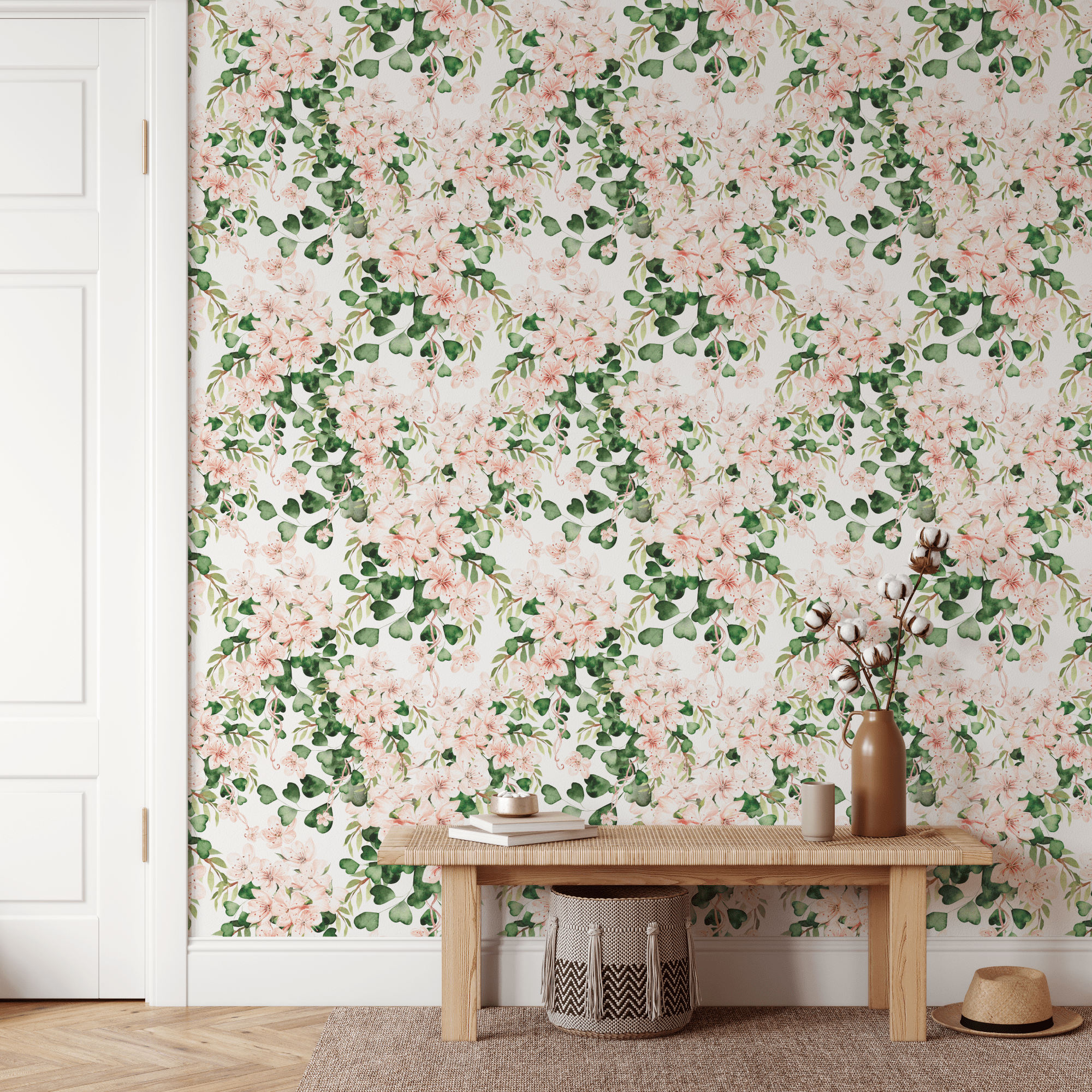 Lizette Floral Foliage Greenery Pink Wallpaper