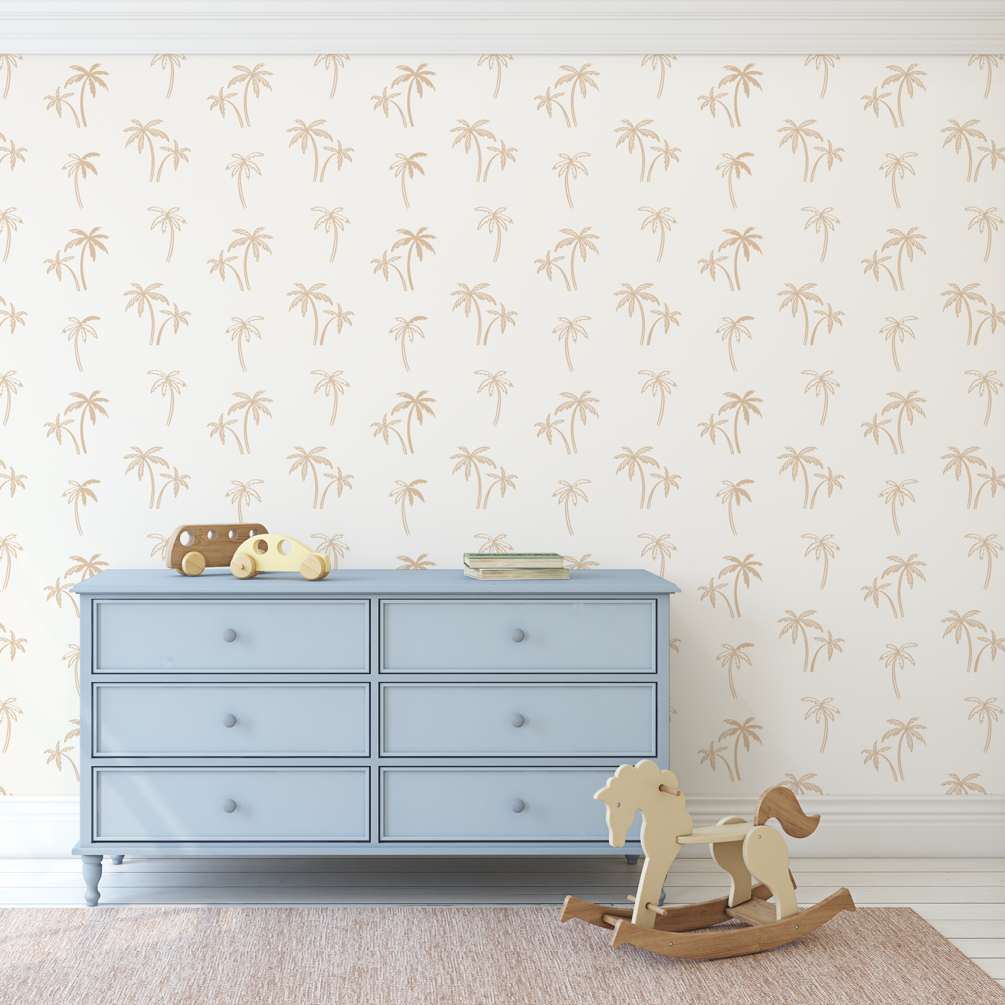 Light blue dresser against a wall with palm tree pattern