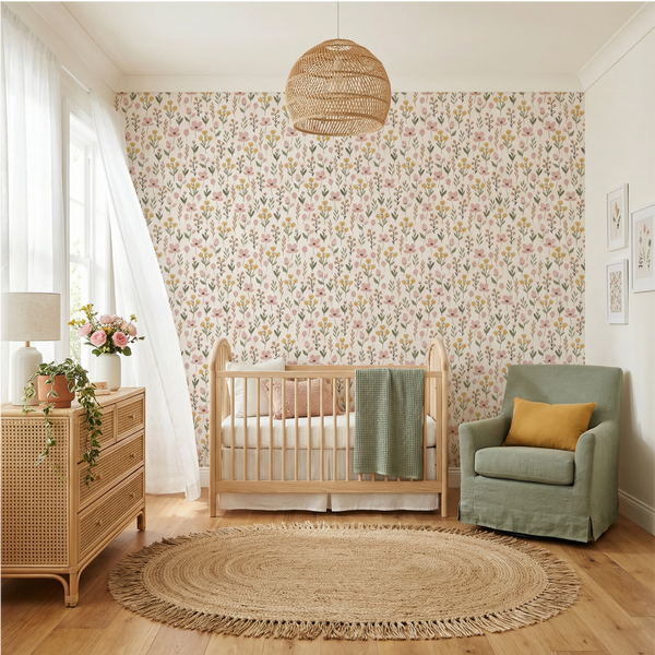 Nursery room with floral wallpaper, wooden crib, and green chair.