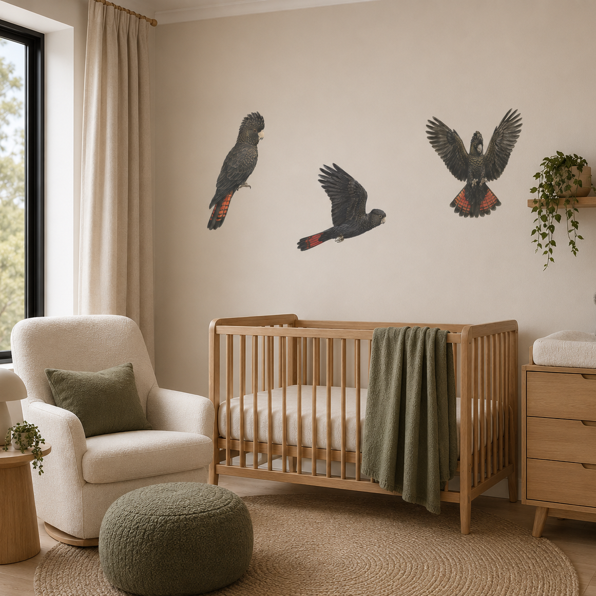Nursery room with wooden crib, armchair, and wall art of parrots.