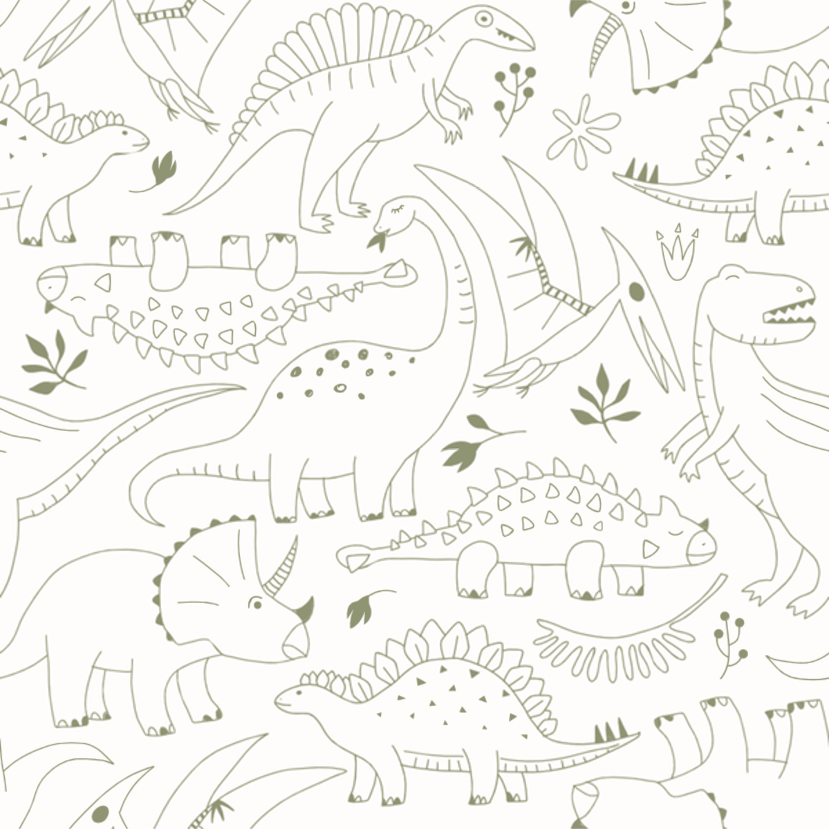 Close-up of Parker Dinosaur wallpaper showing olive outline dinosaurs on white