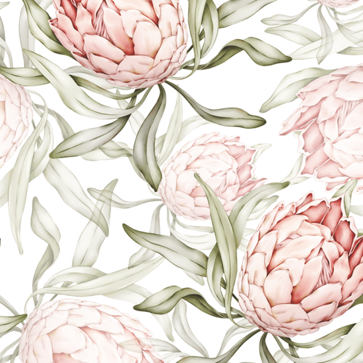 Close-up of Protea wallpaper showing large blush proteas with sage-green leaves