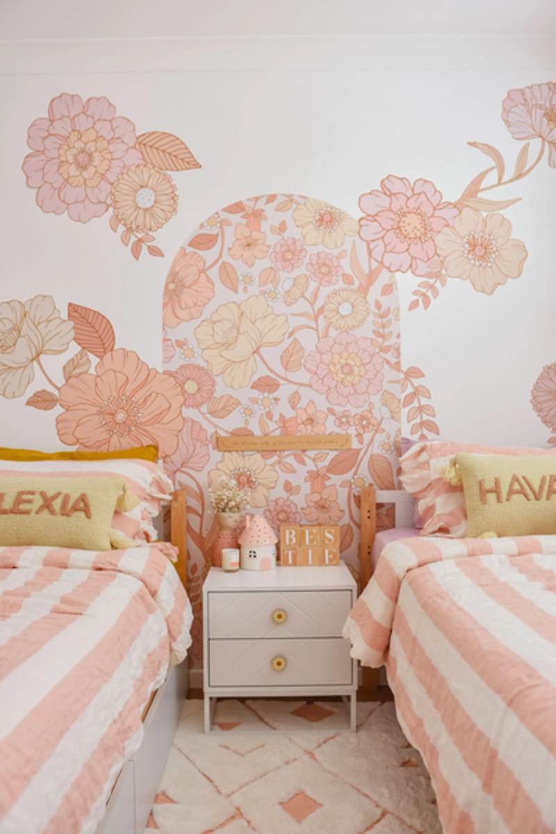 Allie boho floral decals in a shared girls bedroom with twin beds