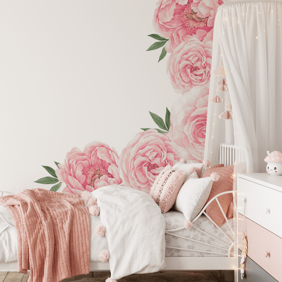Large pink peony rose decals in a girls bedroom with a white canopy