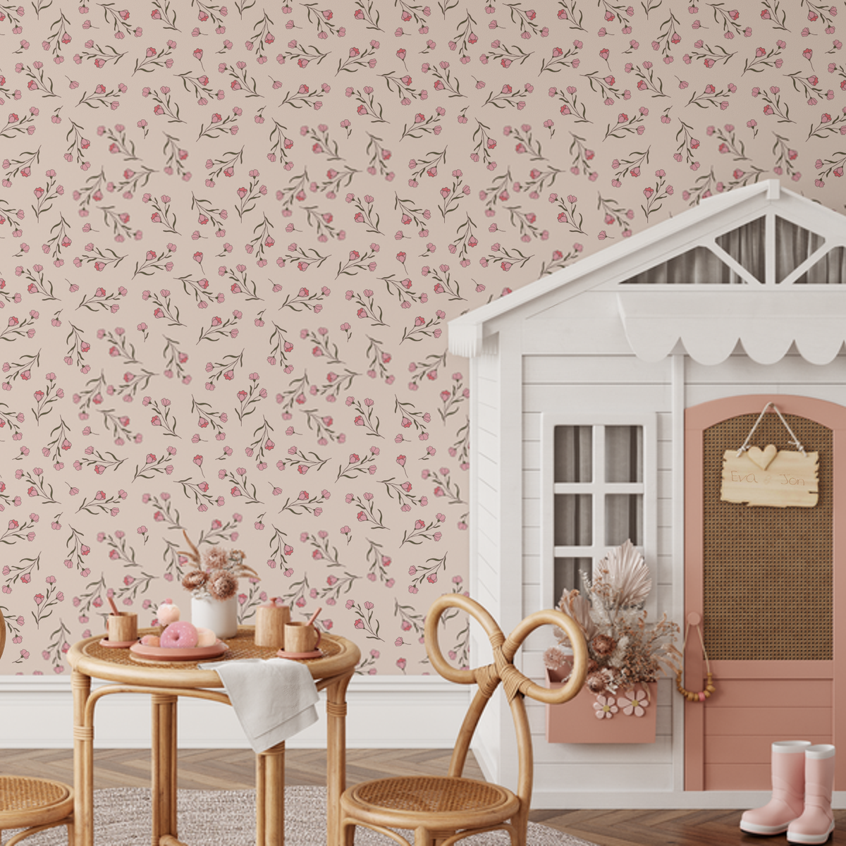 Silvi Pink Blossom wallpaper in a playroom with a wooden cubby house