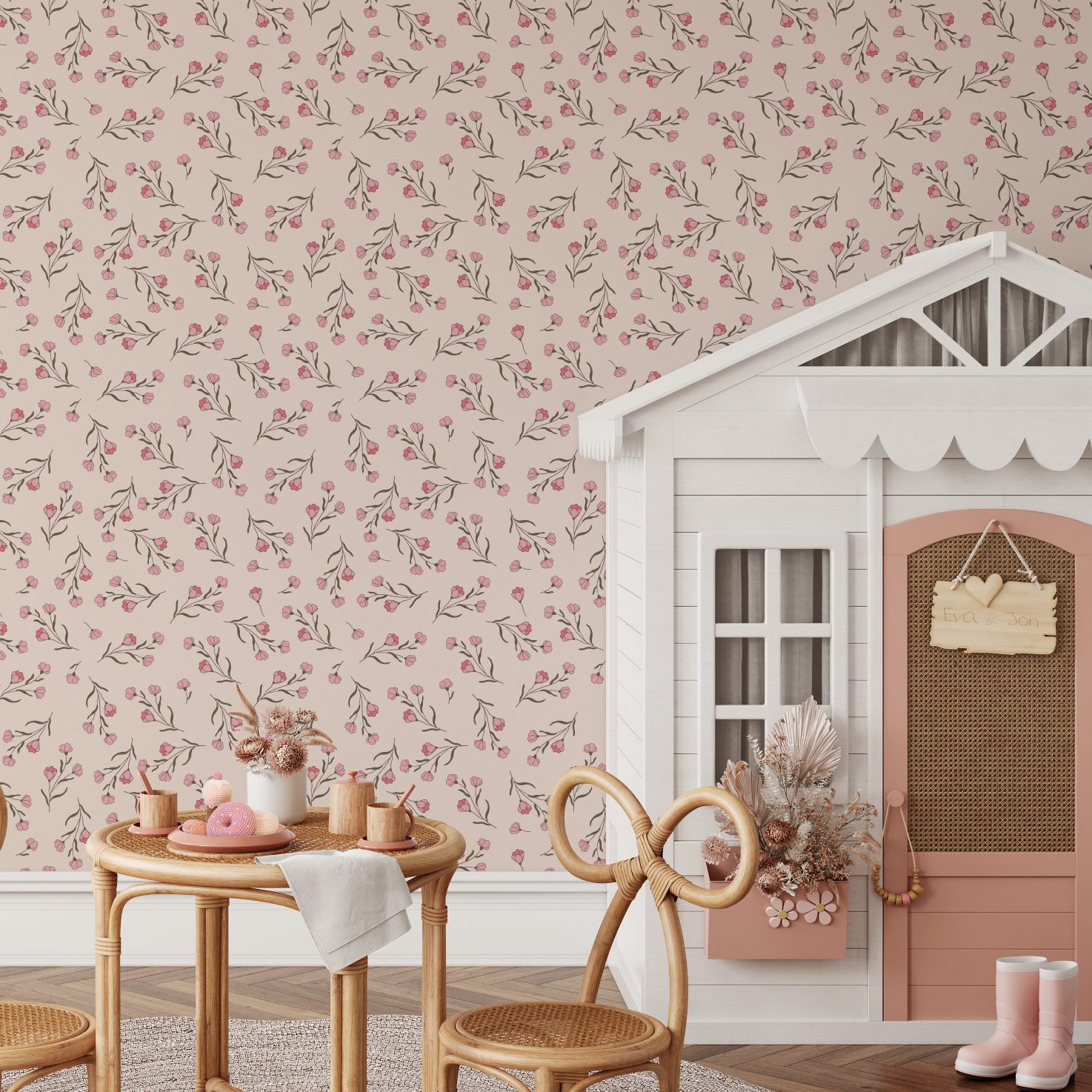 Silvi Pink Blossom Leaf Vintage Floral Wallpaper