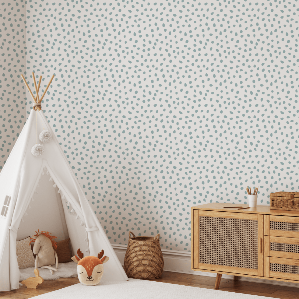 Seafoam Spots wallpaper in a kids room with a play teepee and cane sideboard