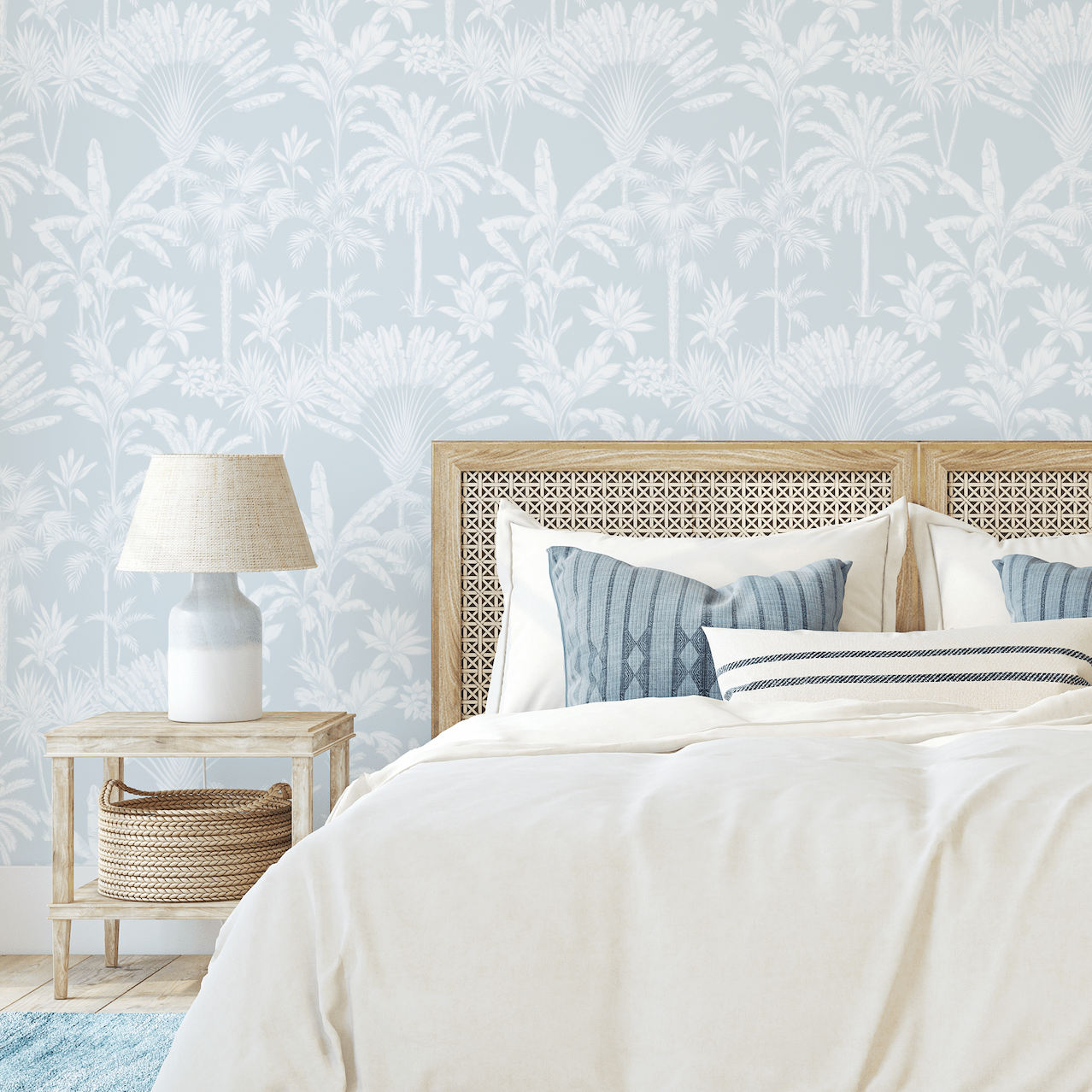 Charlotte Soft Blue Hamptons Palms Wallpaper