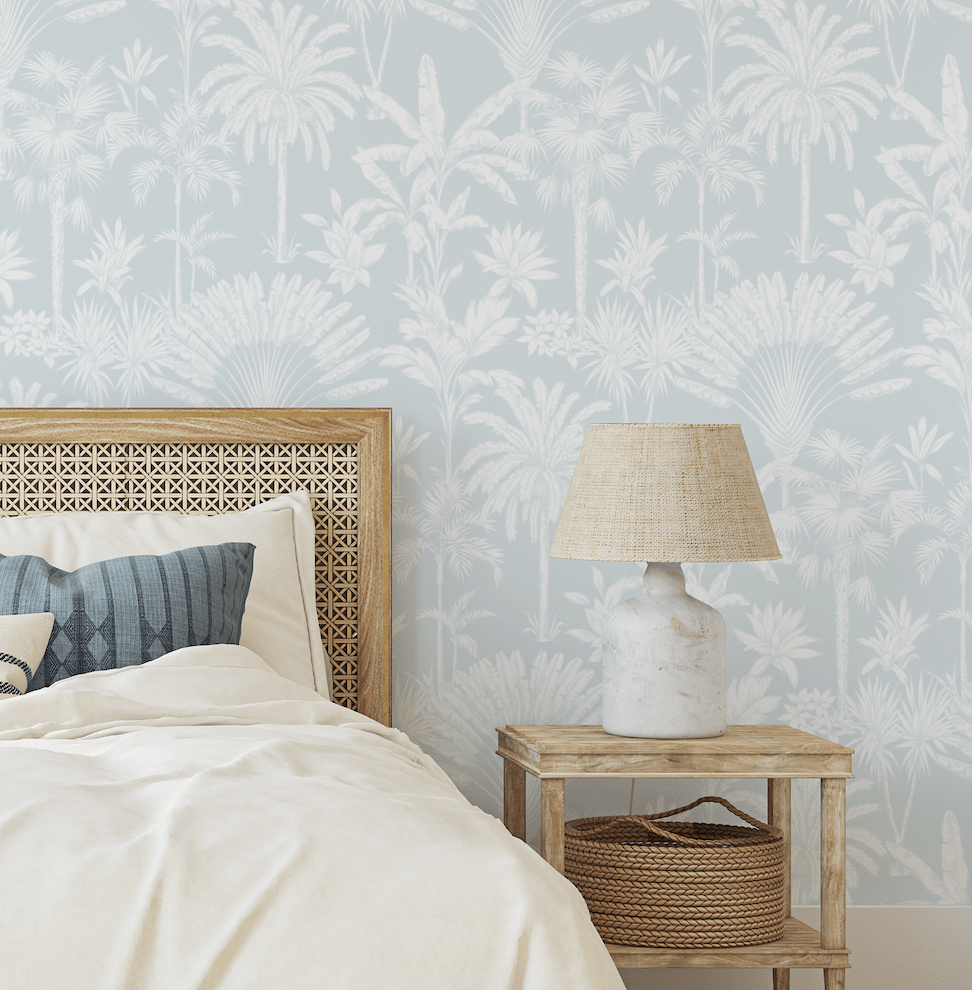 Charlotte Soft Blue Hamptons Palms Wallpaper