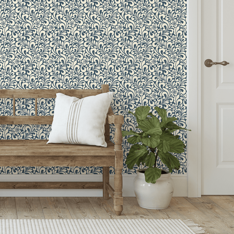 Scarlett Heritage Rustic Blue Farmhouse Wallpaper