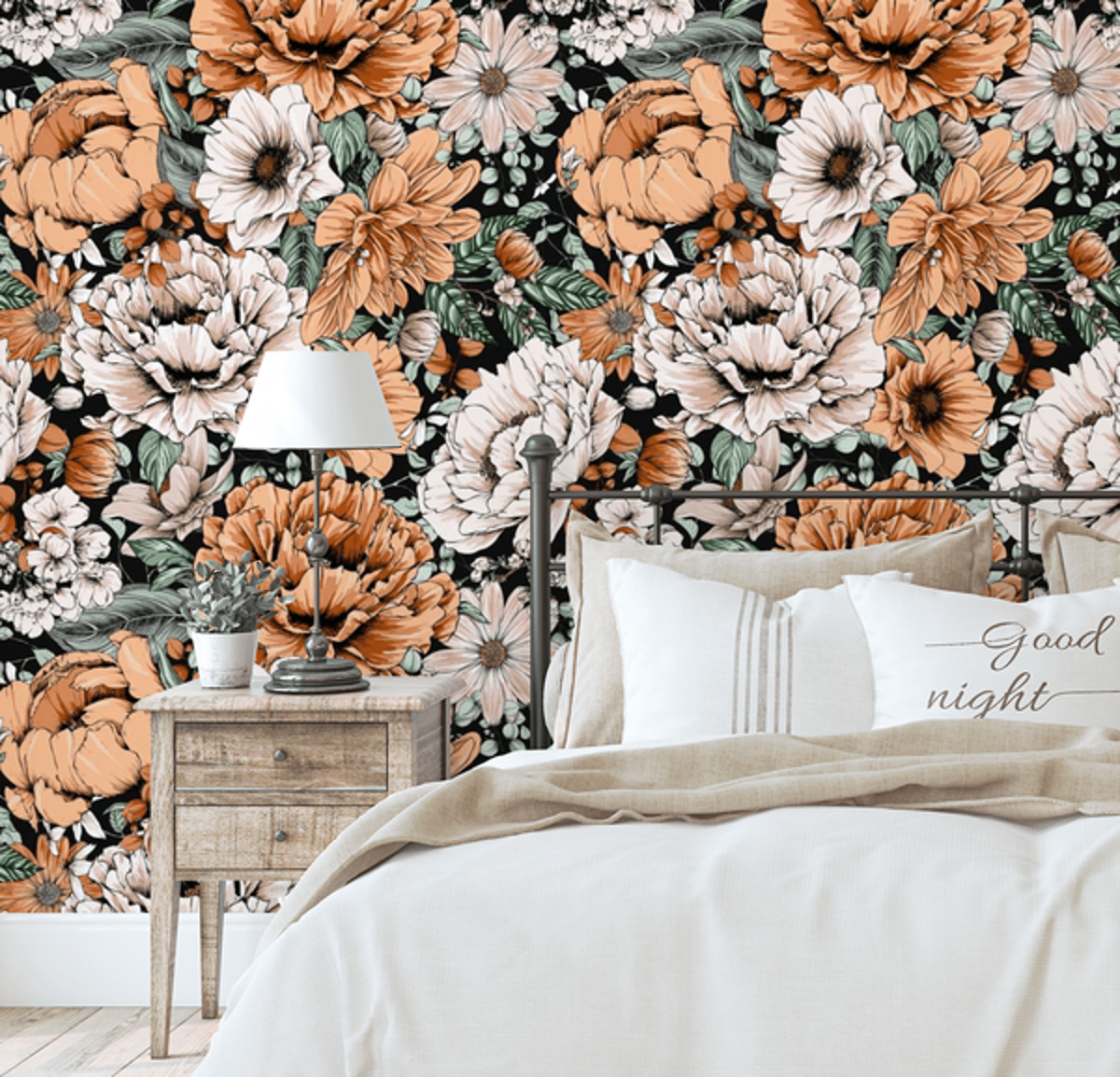 Maggie Floral wallpaper with bold orange blooms on a dark ground in a bedroom