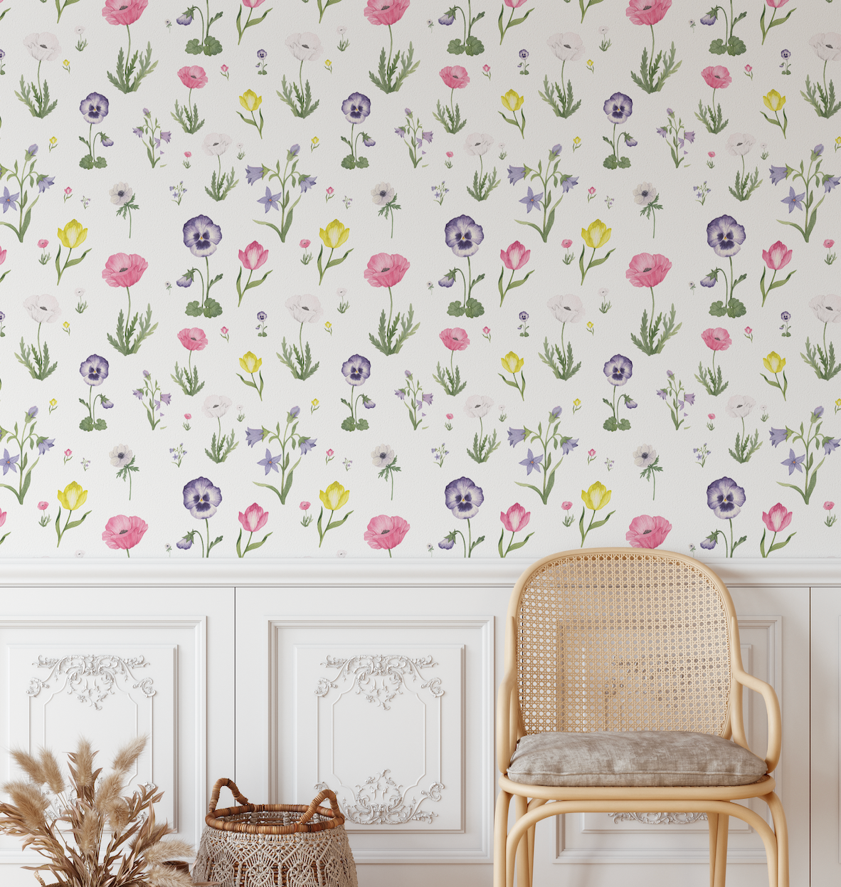 Jasmine Spring Pink Blossom and Green Leaf Floral Wallpaper