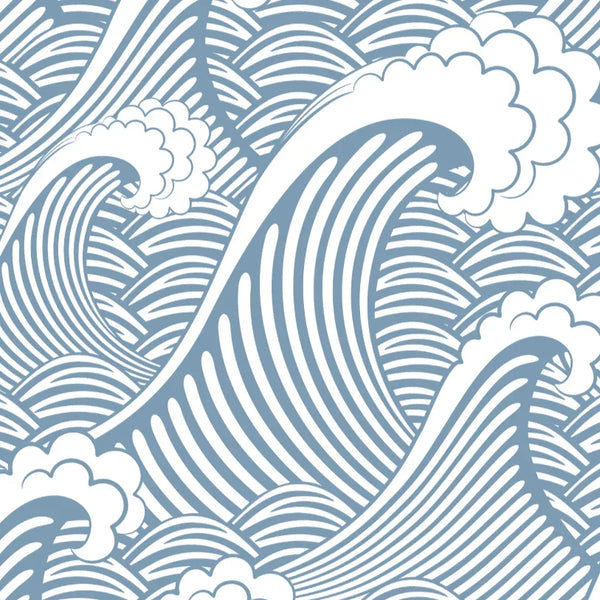 Blue Japanese Wave Beachy Coastal Living Room Wallpaper