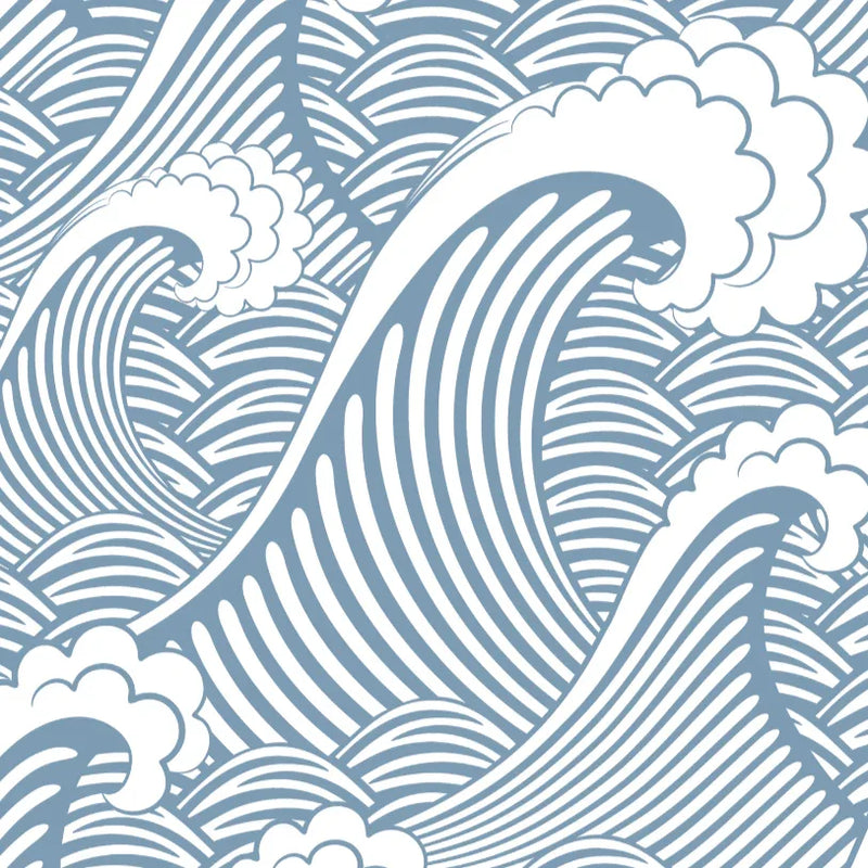 Blue Japanese Wave Beachy Coastal Living Room Wallpaper