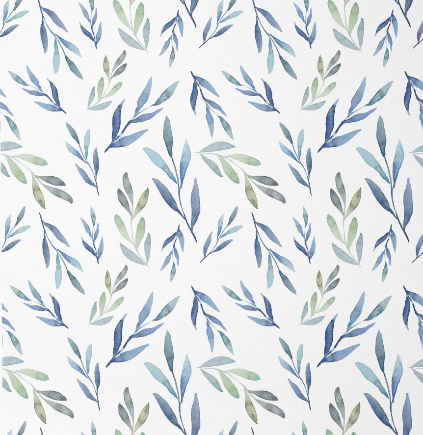 Close-up of Falling Leaves wallpaper showing blue and green leaves scattered on white