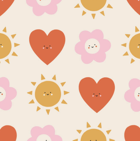 Close-up showing red hearts, pink daisies and smiling yellow suns on a cream ground