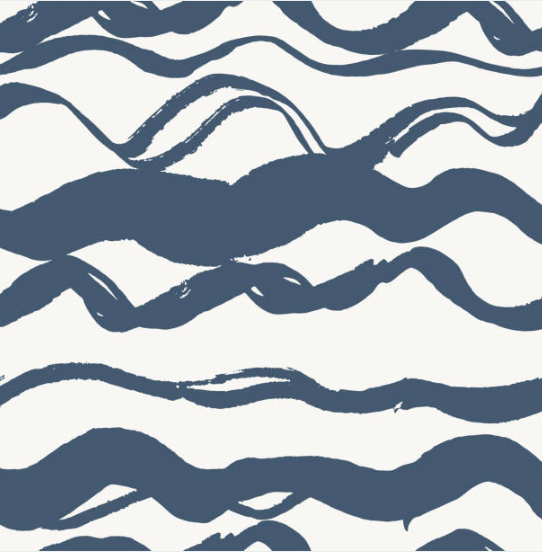 Close-up of James Navy Wavy Lines wallpaper showing brushstroke navy waves on cream