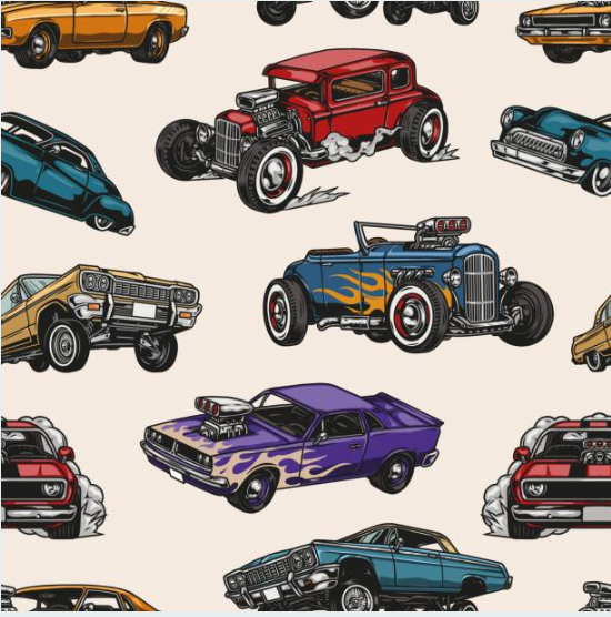 Close-up of Hot Rods wallpaper showing colourful hot rod and muscle cars