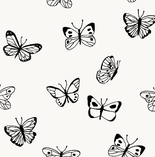 Close-up of Jane Butterfly wallpaper showing black line-drawn butterflies on ivory