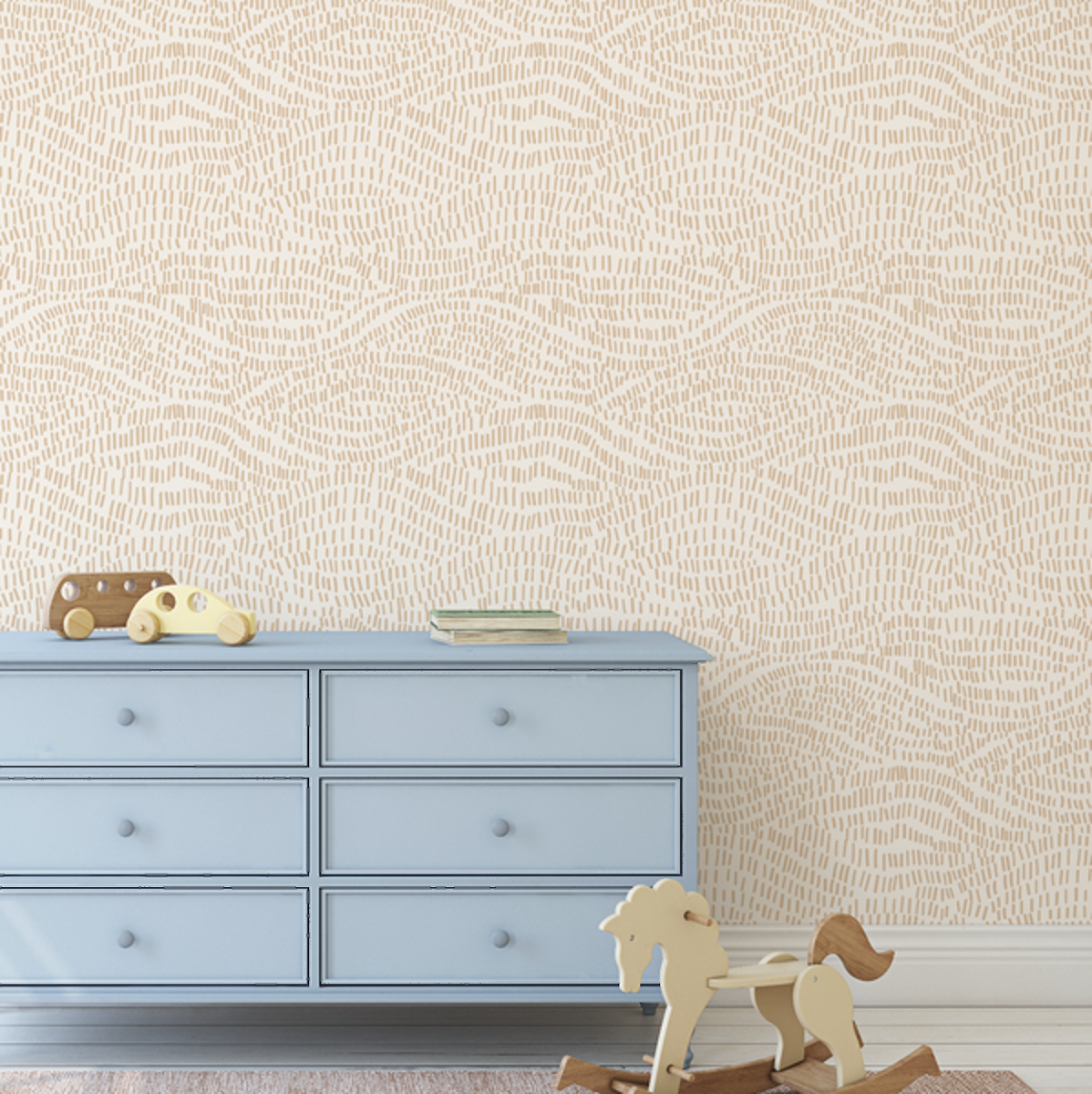Zane Beige Lines wallpaper in a kids room above a pale blue dresser