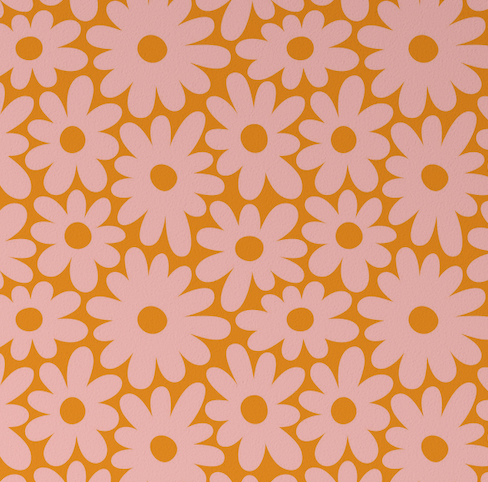 Close-up of Sierra Retro Floral wallpaper showing mustard daisies on a pink ground