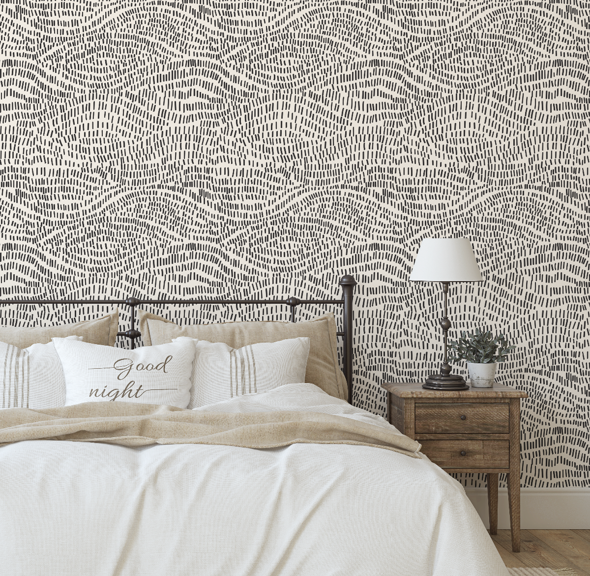 Zane Black Lines wallpaper in a bedroom with an iron bed frame