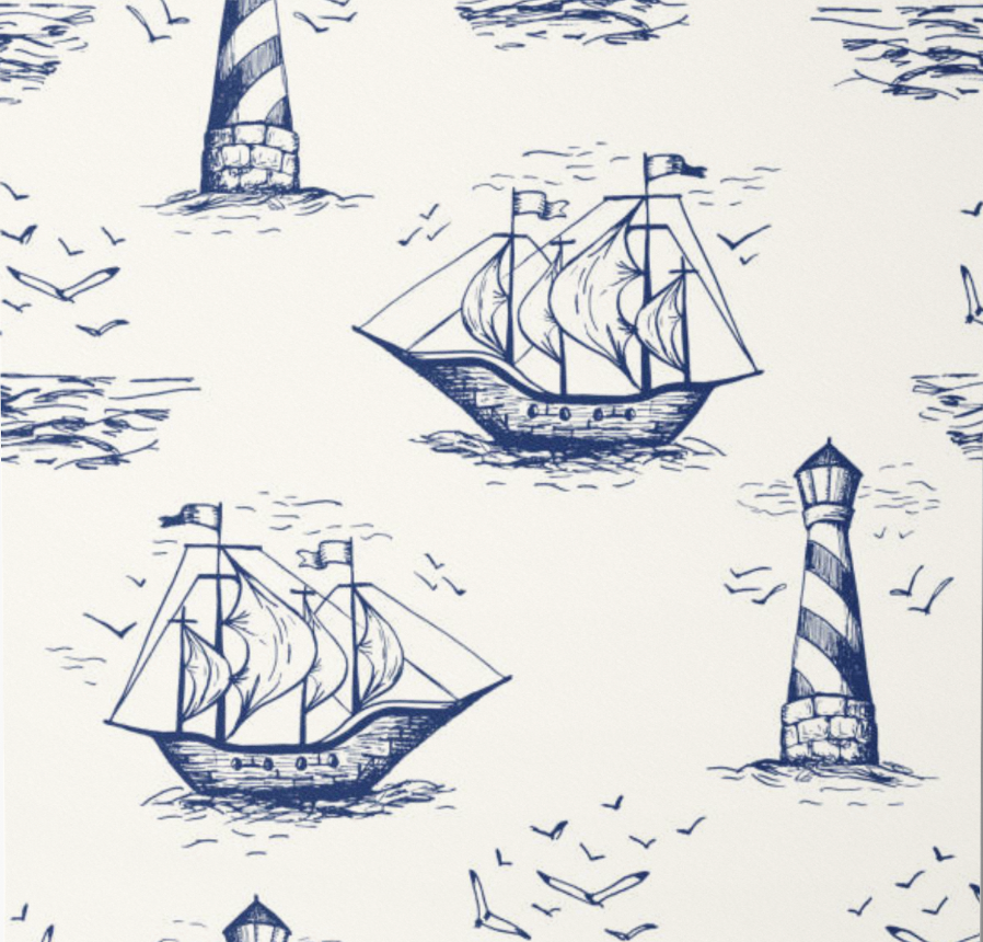 Close-up of Jack Blue Nautical wallpaper showing navy sailing ships, lighthouses and birds
