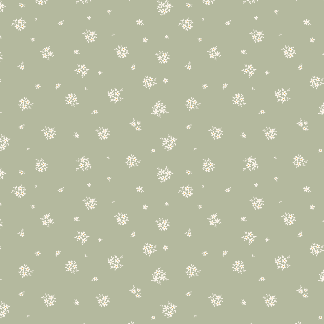 Close-up of Alice Sage wallpaper showing scattered white blooms on a sage ground