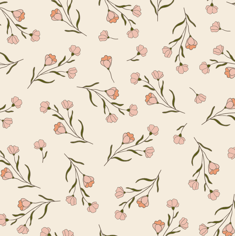 Close-up of Silvi wallpaper showing small coral blooms on fine green stems