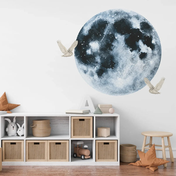Hand-Painted Moon & Owls Night Sky Wall Decal