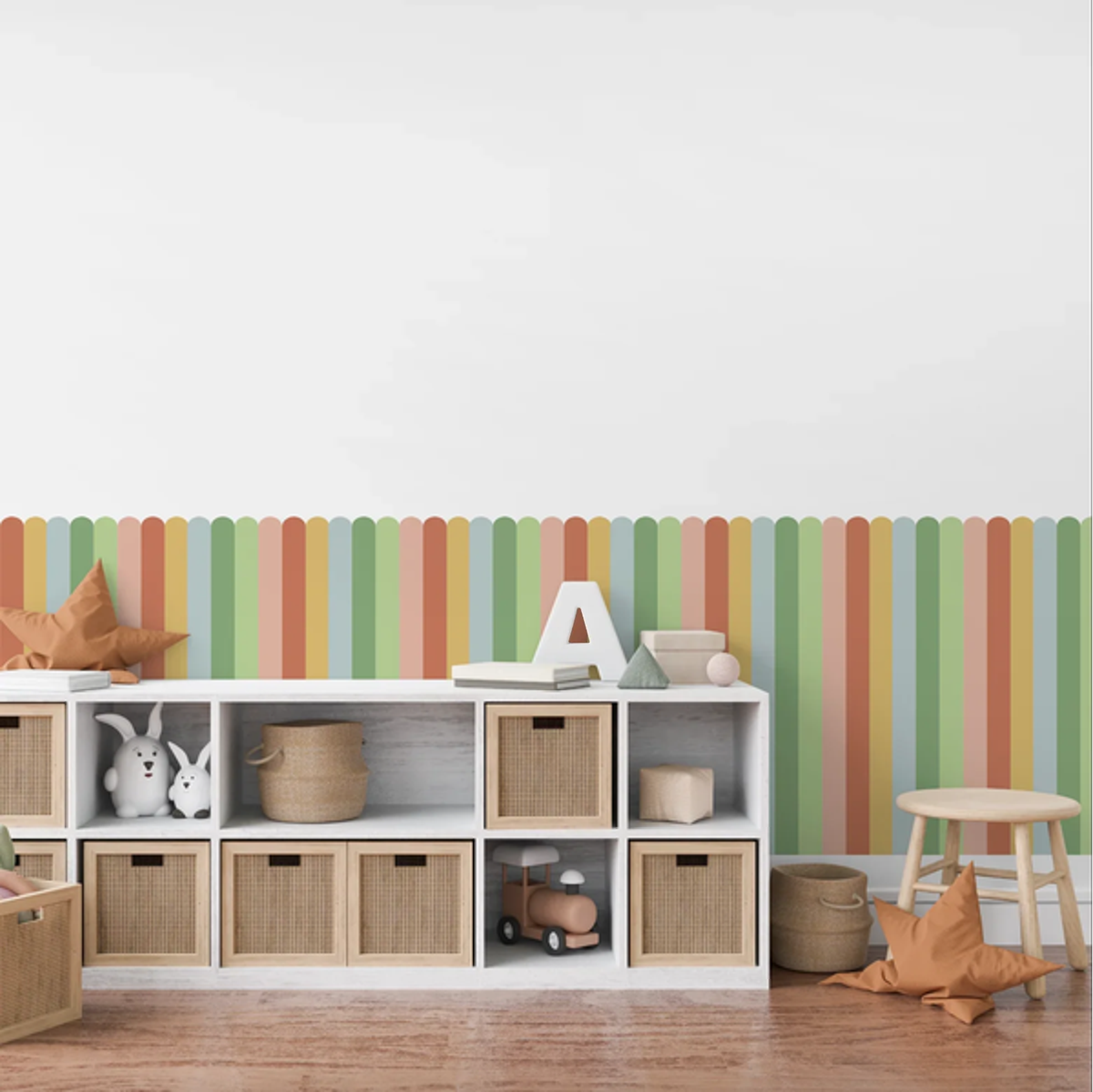 Sunset Glow half wall panels in green and orange behind white storage cubes