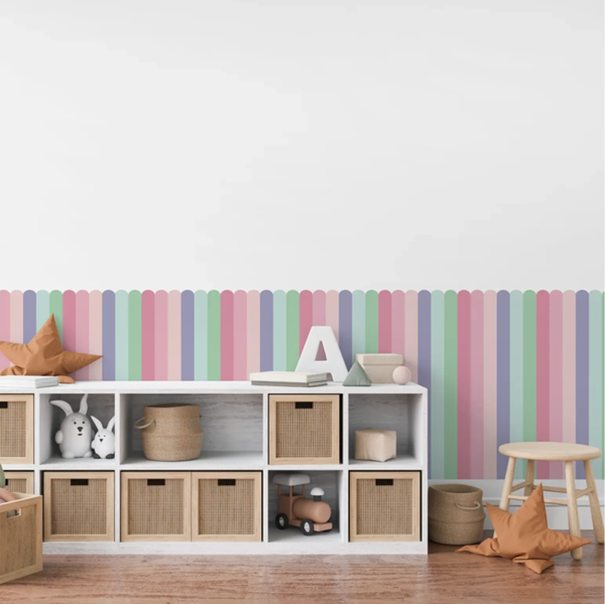 Cotton Candy half wall panels in pastel pink and green behind storage cubes