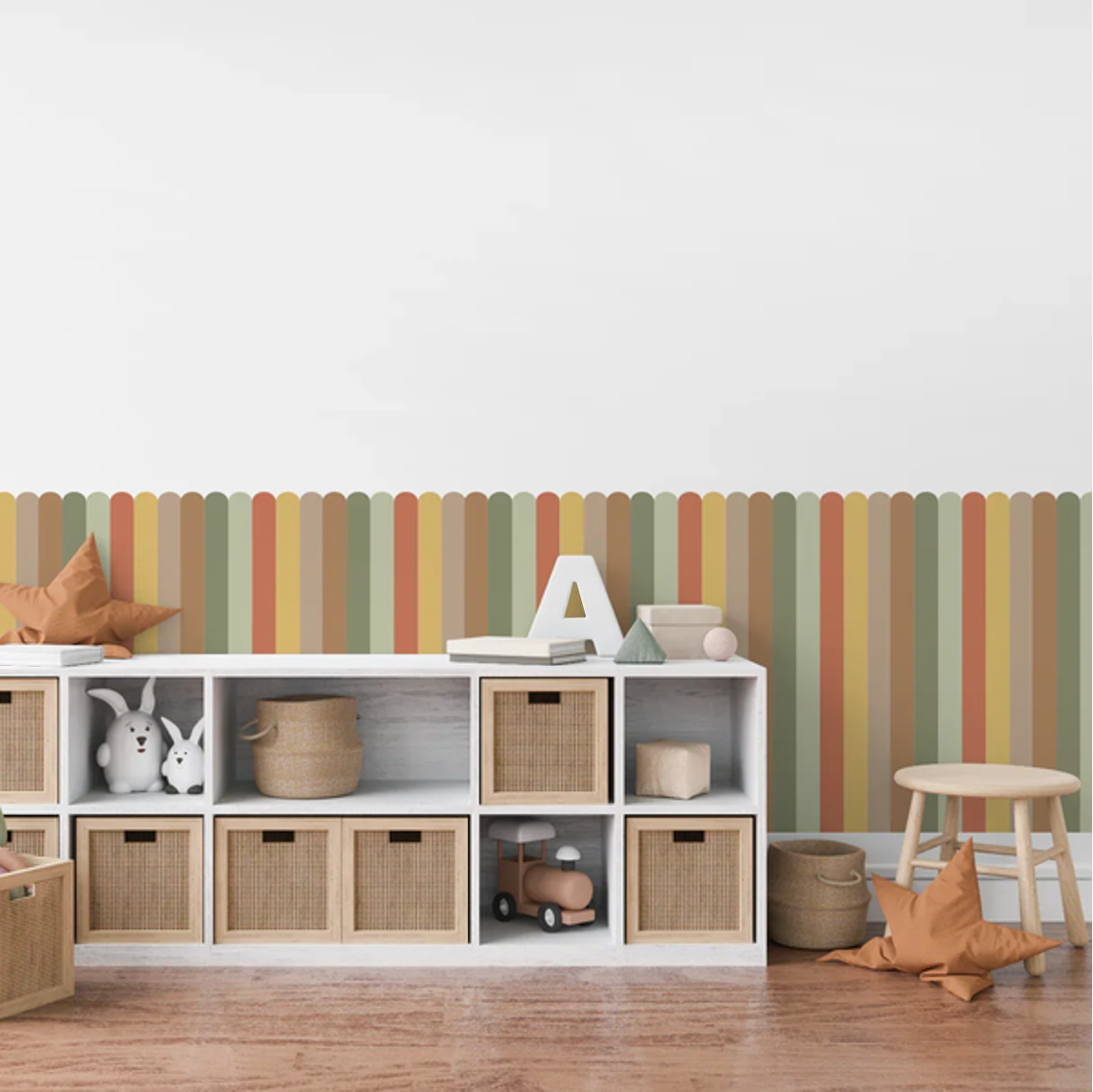 Warm Earth half wall panels in green, orange and yellow behind storage cubes