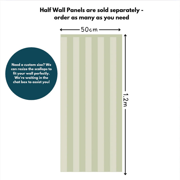 Striped half wall panel with dimensions and customization information on a white background
