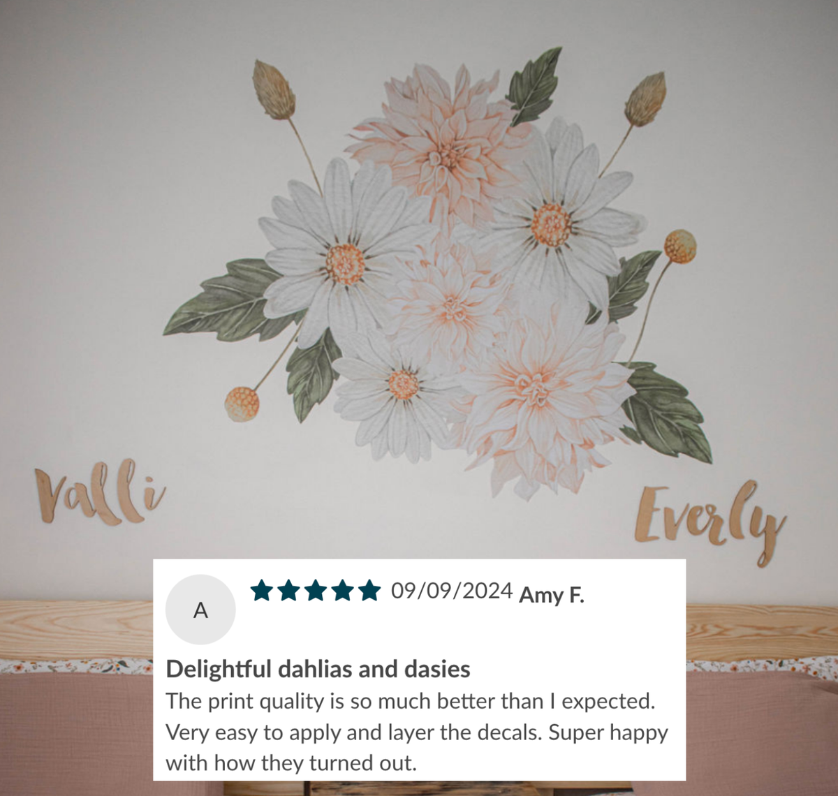 Customer photo of dahlia and daisy decals with personalised name decals