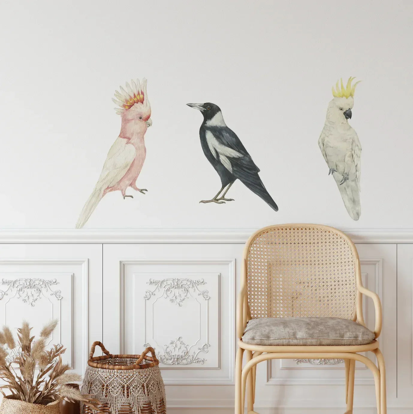 Australian Bird Trio Wall Decals (Pink & Yellow Cockatoos + Magpie)
