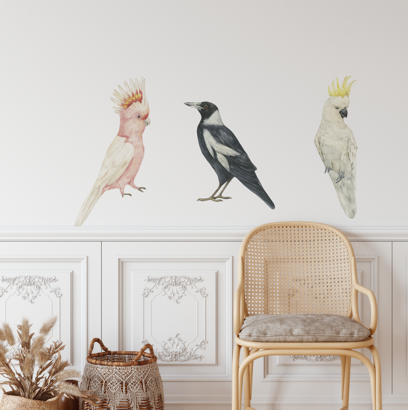 Australian Bird Trio Wall Decals (Major Mitchell & Sulphur Crested Cockatoos & Magpie)