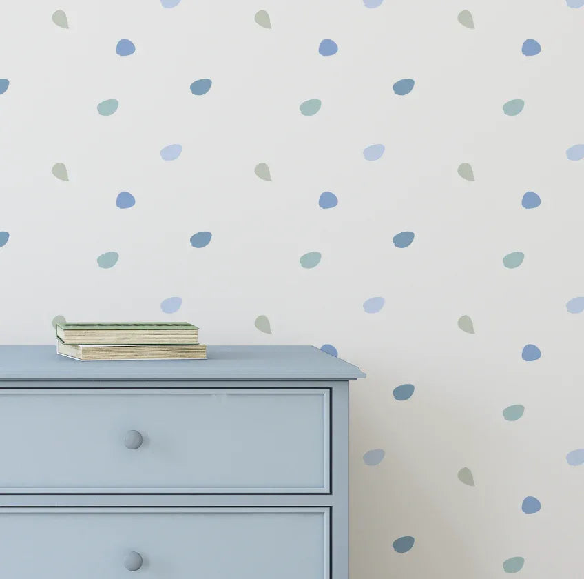 Happy Dots Cool and Calm decals in blue and sage on a white wall