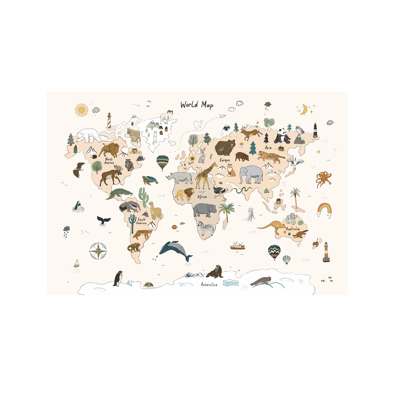 Animal world map wall decal showing animals across each continent
